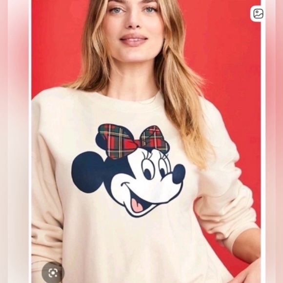 Old Navy Tops - Old Navy 2026 Cream Disney Graphic Sweatshirt with Plaid Accent Minnie sz L